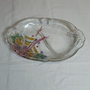 Vintage Oval Christmas Relish Tray – Frosted Glass Drum & Bow Holiday Serving Di